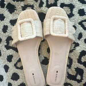 Birdies Cream Woven Raffia Buckle Slide Mules